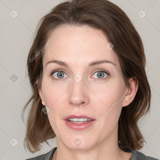 Neutral white young-adult female with medium  brown hair and grey eyes