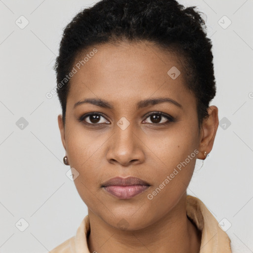 Neutral black young-adult female with short  brown hair and brown eyes