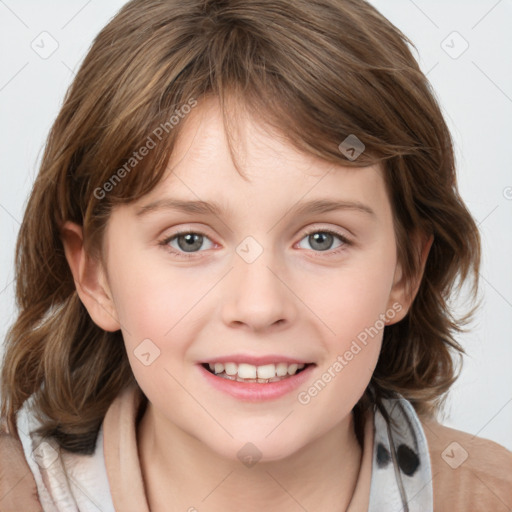 Joyful white child female with medium  brown hair and grey eyes