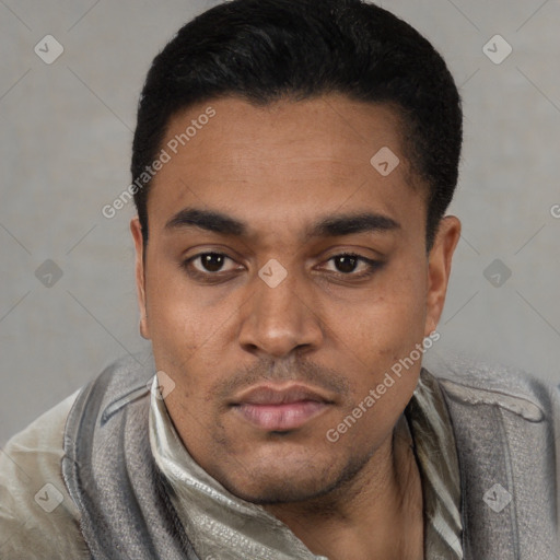 Neutral latino young-adult male with short  black hair and brown eyes