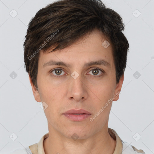 Neutral white young-adult male with short  brown hair and brown eyes