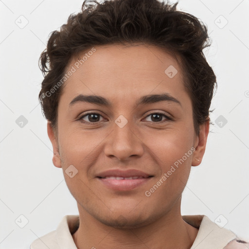 Joyful white young-adult female with short  brown hair and brown eyes