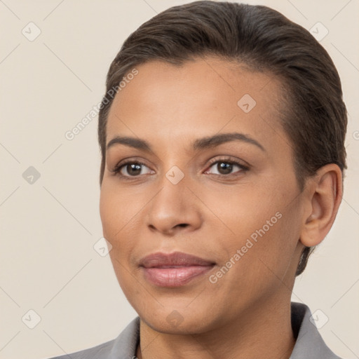 Joyful white young-adult female with short  brown hair and brown eyes