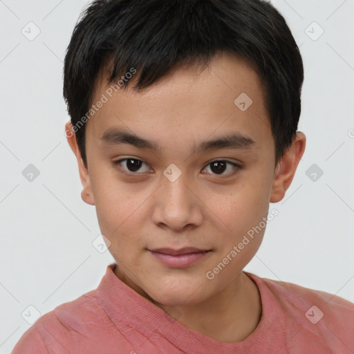 Joyful white child male with short  brown hair and brown eyes