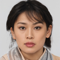 Neutral asian young-adult female with medium  brown hair and brown eyes