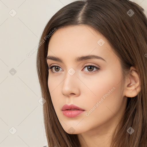 Neutral white young-adult female with long  brown hair and brown eyes