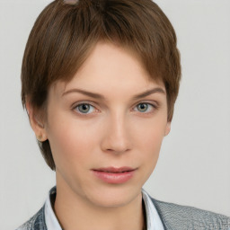 Neutral white young-adult female with short  brown hair and grey eyes