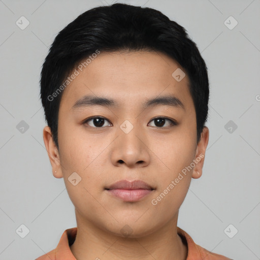 Neutral asian young-adult male with short  black hair and brown eyes