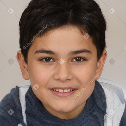 Joyful white child female with short  brown hair and brown eyes