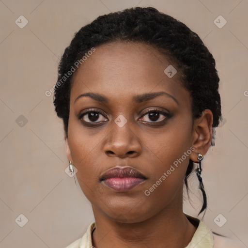 Neutral black young-adult female with short  black hair and brown eyes