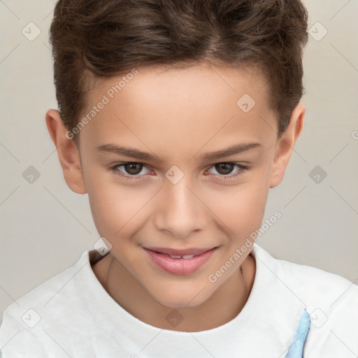 Joyful white child female with short  brown hair and brown eyes