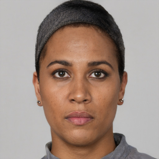 Neutral black adult female with short  black hair and brown eyes