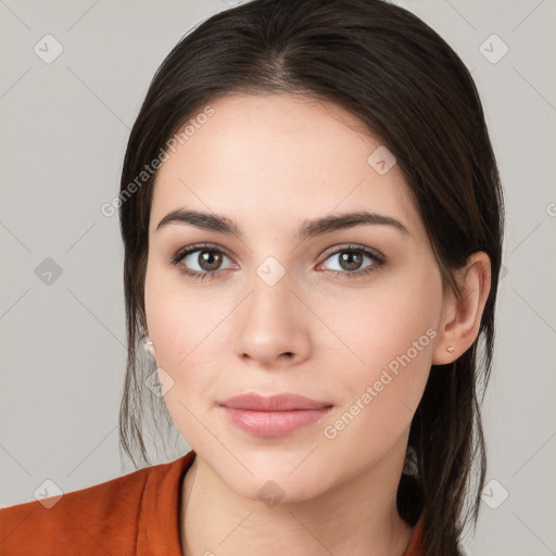 Neutral white young-adult female with medium  brown hair and brown eyes