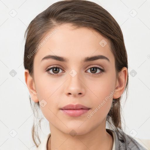 Neutral white young-adult female with medium  brown hair and brown eyes