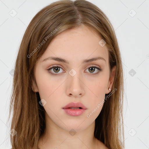 Neutral white young-adult female with long  brown hair and brown eyes