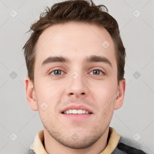 Neutral white young-adult male with short  brown hair and grey eyes