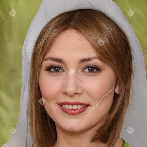 Joyful white young-adult female with medium  brown hair and brown eyes