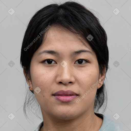 Neutral asian young-adult female with medium  black hair and brown eyes