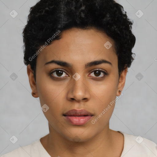 Neutral latino young-adult female with short  black hair and brown eyes