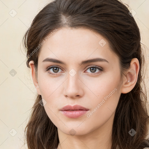 Neutral white young-adult female with long  brown hair and brown eyes