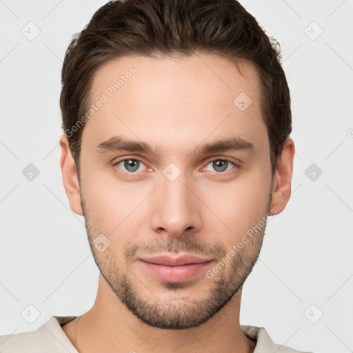 Neutral white young-adult male with short  brown hair and grey eyes