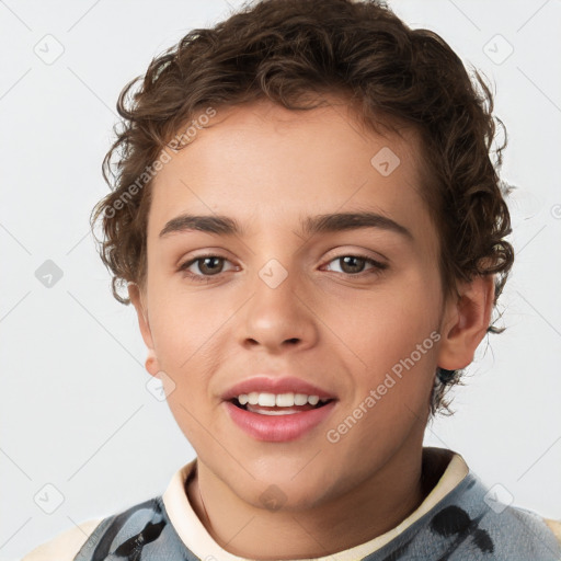 Joyful white child male with short  brown hair and brown eyes