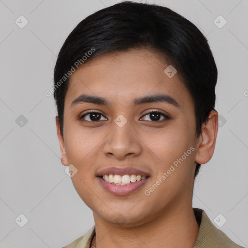 Joyful asian young-adult female with short  brown hair and brown eyes