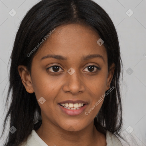 Joyful black young-adult female with medium  brown hair and brown eyes