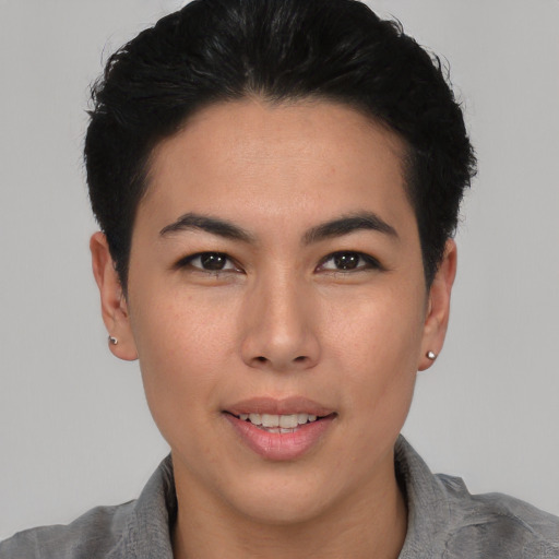 Joyful asian young-adult female with short  black hair and brown eyes