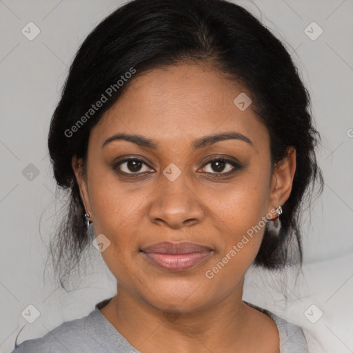 Joyful black young-adult female with medium  brown hair and brown eyes