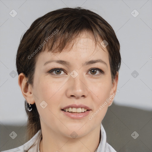 Joyful white young-adult female with short  brown hair and brown eyes