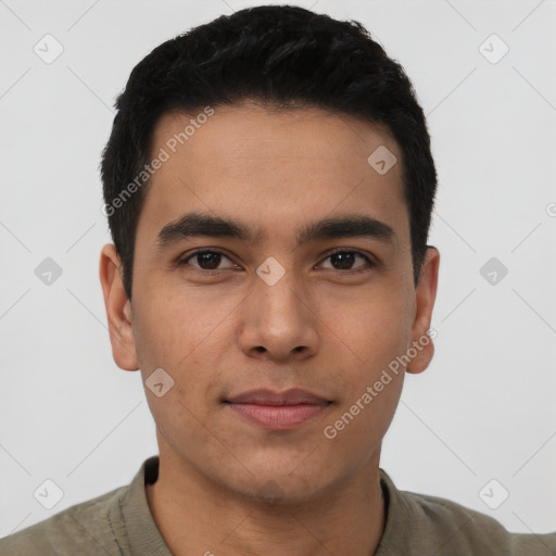 Neutral latino young-adult male with short  brown hair and brown eyes