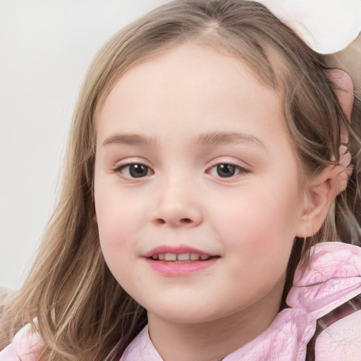 Joyful white child female with medium  brown hair and blue eyes