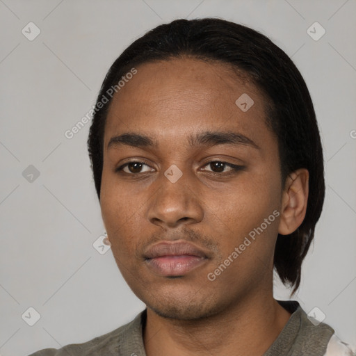 Neutral black young-adult male with short  black hair and brown eyes