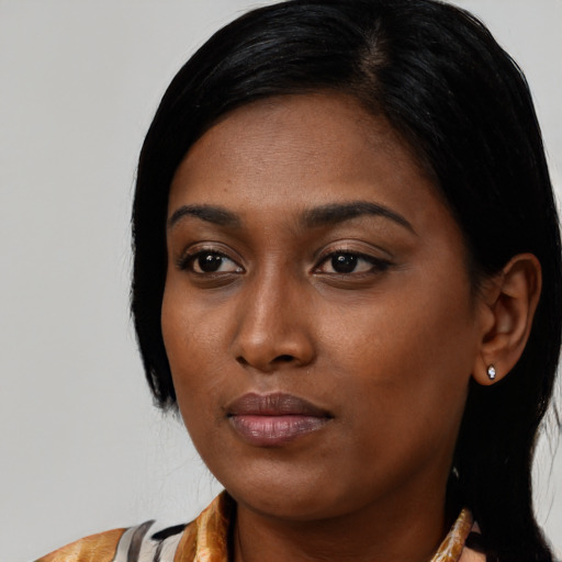 Neutral black young-adult female with medium  black hair and brown eyes