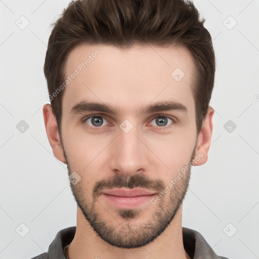 Neutral white young-adult male with short  brown hair and grey eyes