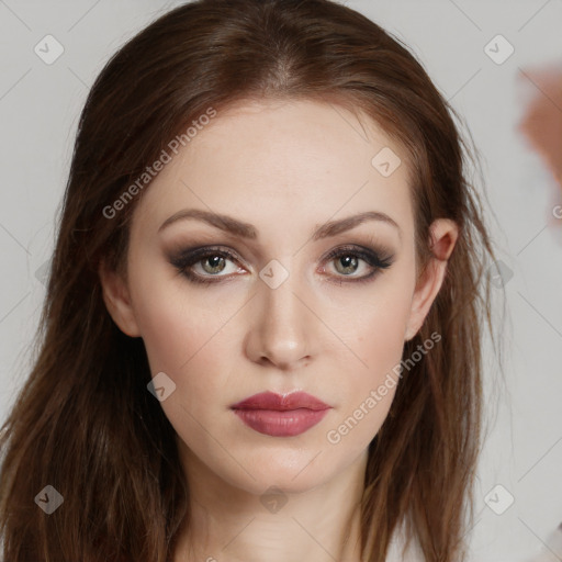 Neutral white young-adult female with long  brown hair and brown eyes