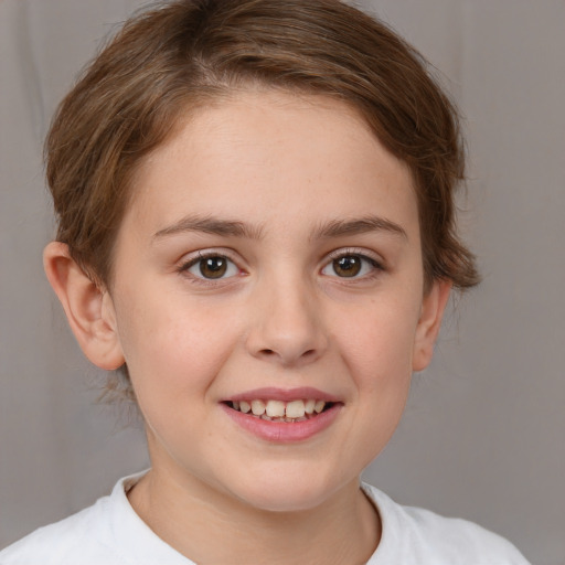 Joyful white child female with medium  brown hair and brown eyes