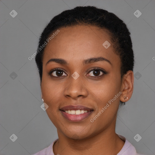 Joyful latino young-adult female with short  brown hair and brown eyes