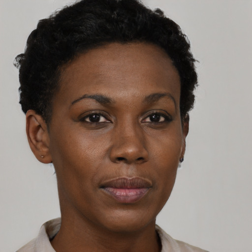 Neutral black young-adult female with short  black hair and brown eyes