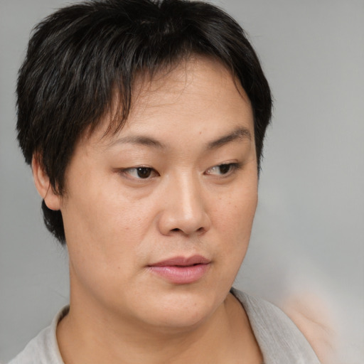 Neutral asian young-adult female with short  brown hair and brown eyes