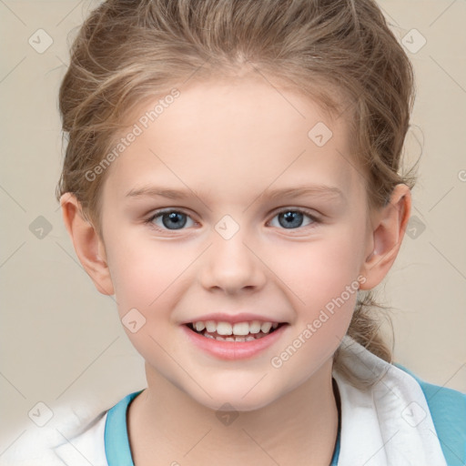 Joyful white child female with short  brown hair and grey eyes