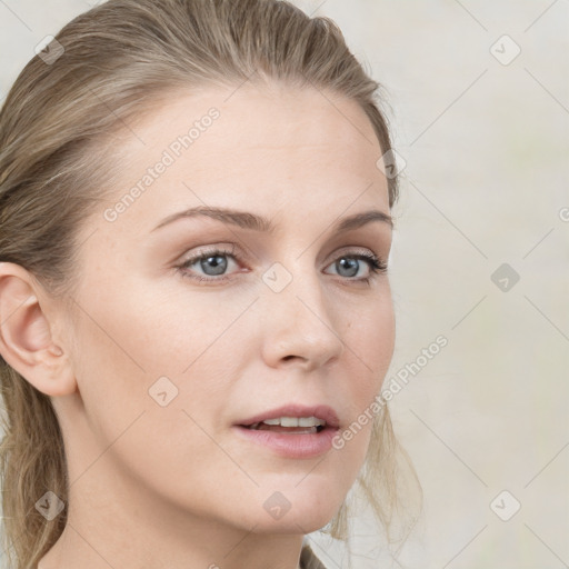 Neutral white young-adult female with medium  brown hair and grey eyes