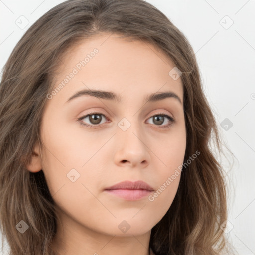 Neutral white young-adult female with long  brown hair and brown eyes