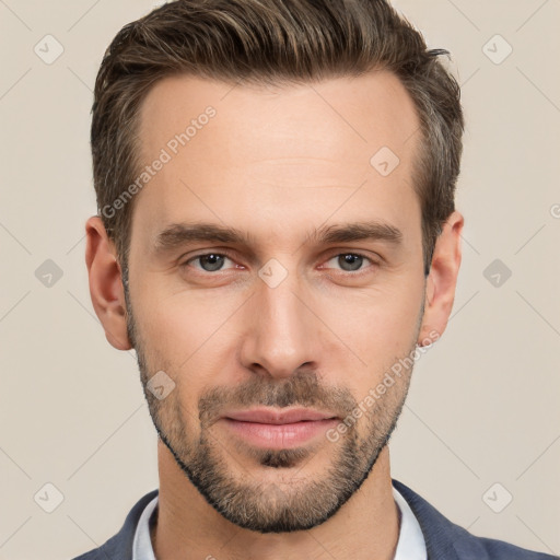 Neutral white young-adult male with short  brown hair and brown eyes