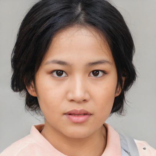 Neutral asian young-adult female with medium  black hair and brown eyes