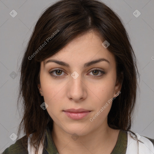 Neutral white young-adult female with medium  brown hair and brown eyes