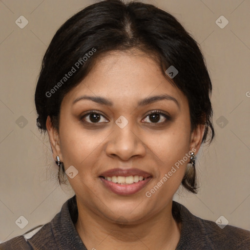 Joyful white young-adult female with medium  brown hair and brown eyes