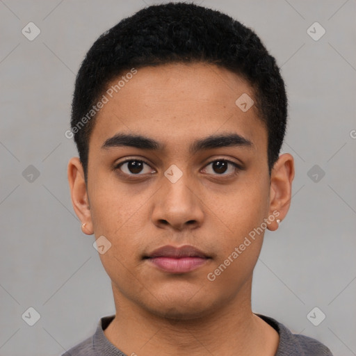 Neutral latino young-adult male with short  black hair and brown eyes