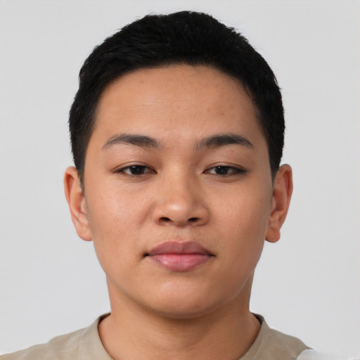 Neutral asian young-adult female with short  black hair and brown eyes